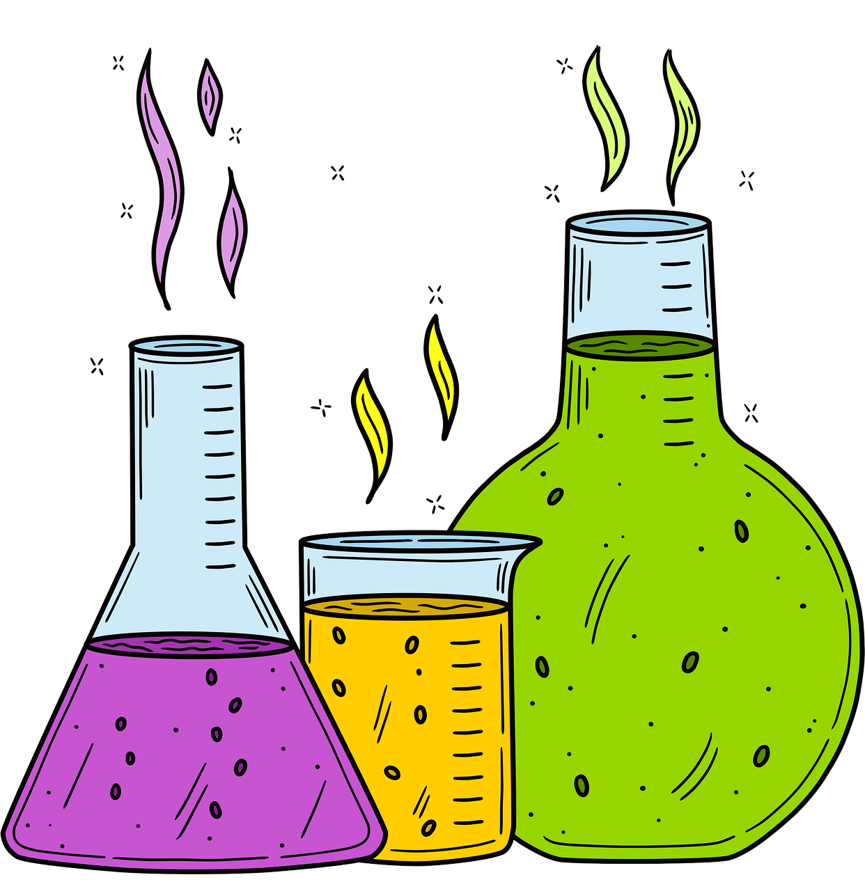 Flasks with colorful liquids representing a chemical reaction